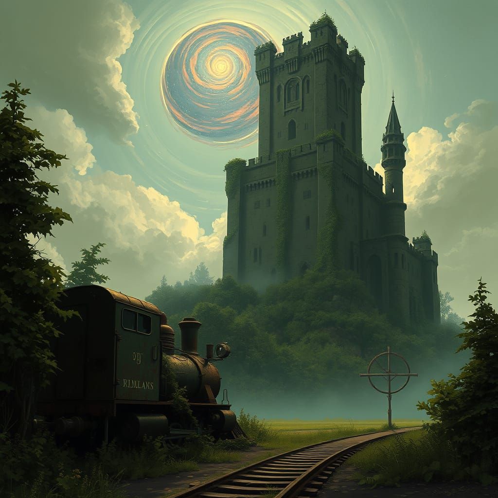 Ancient Castle Silhouette Against Nebula Sky