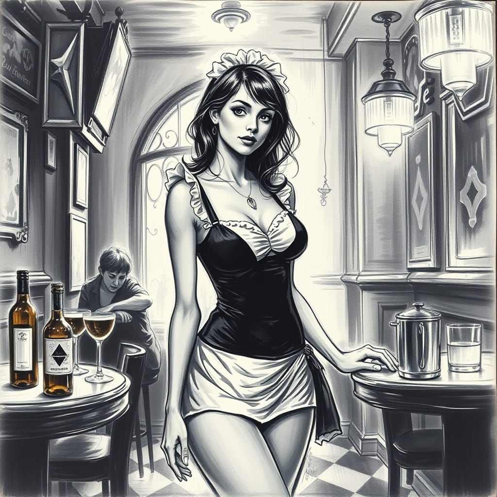 Maid Bikini Service in Dimly Lit Pub