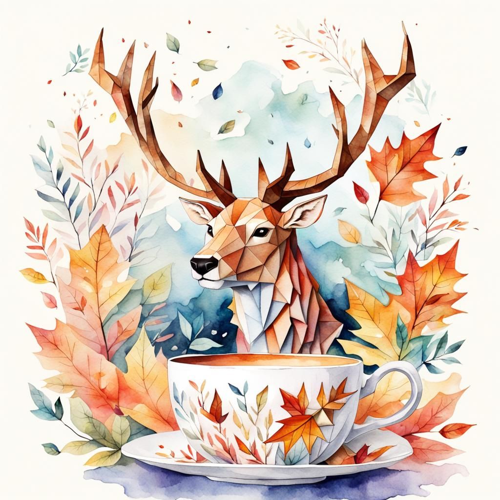 Stag Head Autumn Tea Watercolor Illustration