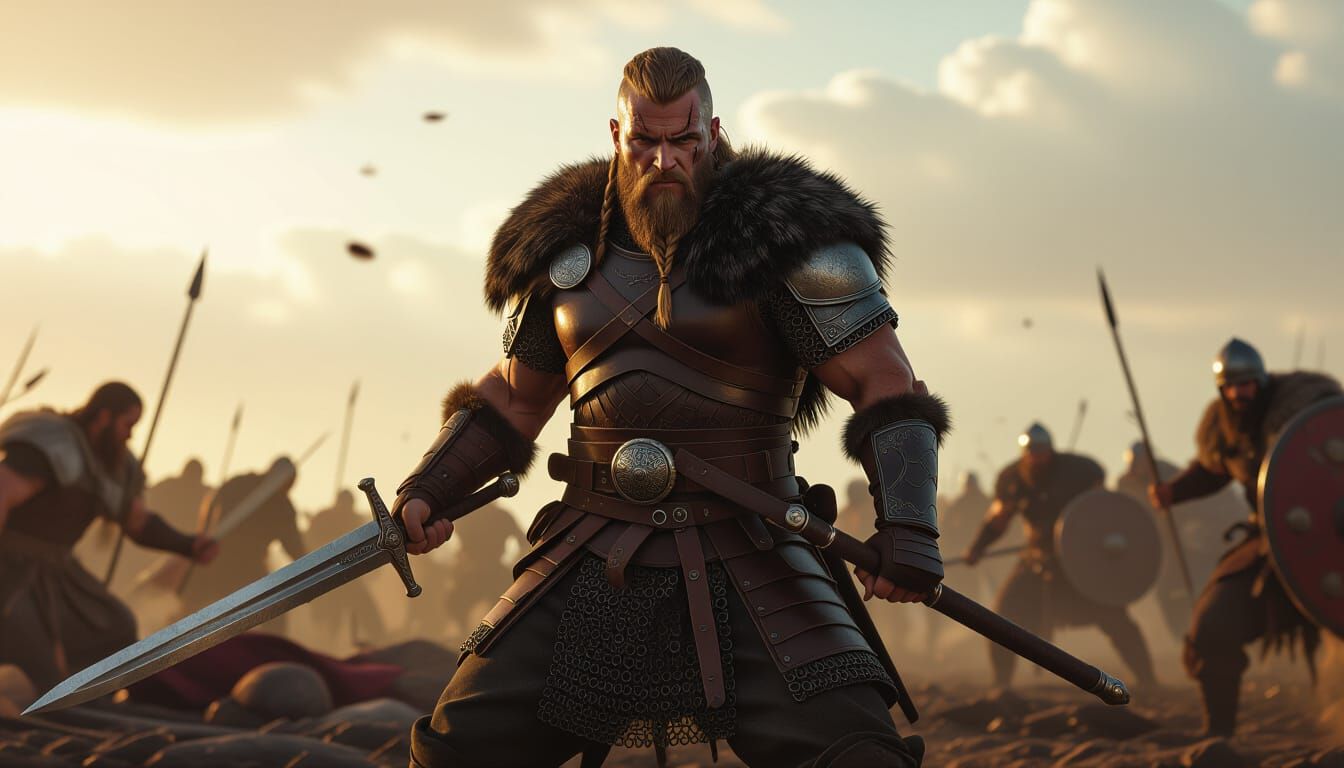 Viking Warrior in Chaotic Battlefield: Hyperrealistic Digita...