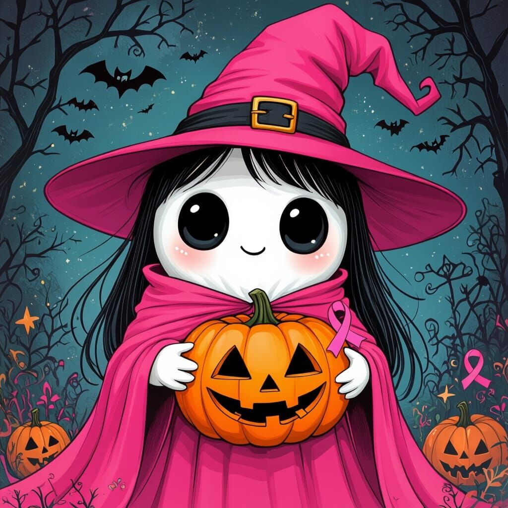 Playful Pink Ghost with Jack-o'-Lantern