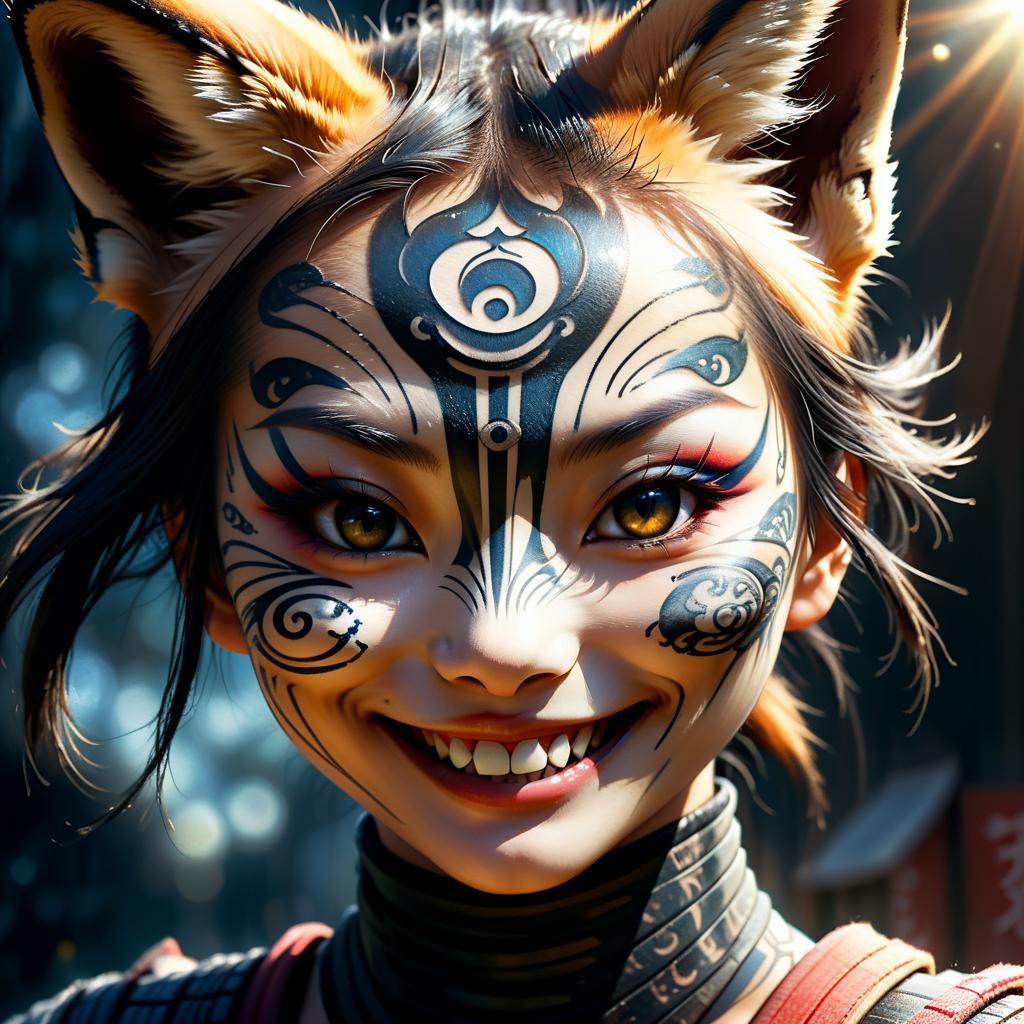 Smiling Fox Kunoichi with Tattoos, Hyperdetailed Art