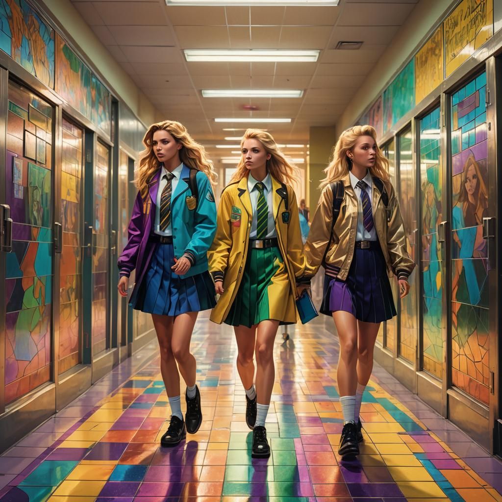 High School Bullying Scene in 80s Pop Art Style