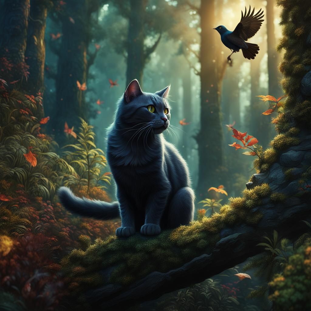 Cat Stalking Bird in Forest: Fantasy Concept Art