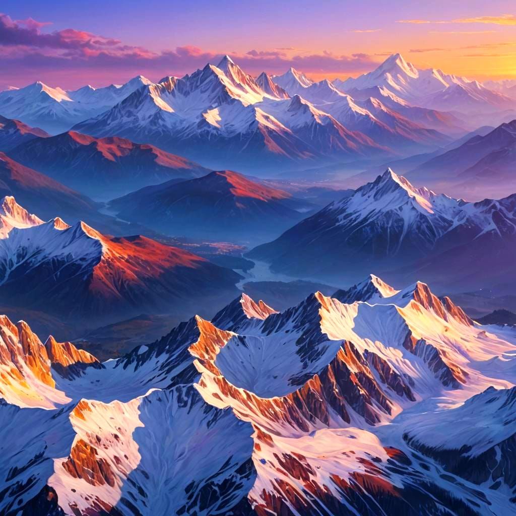 Snow-Capped Mountains at Sunrise: Fantasy Concept Art