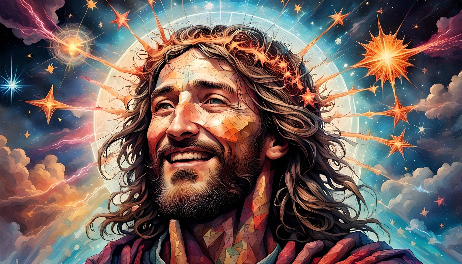 Radiant, Colorful Jesus in Cosmic Mosaic Style