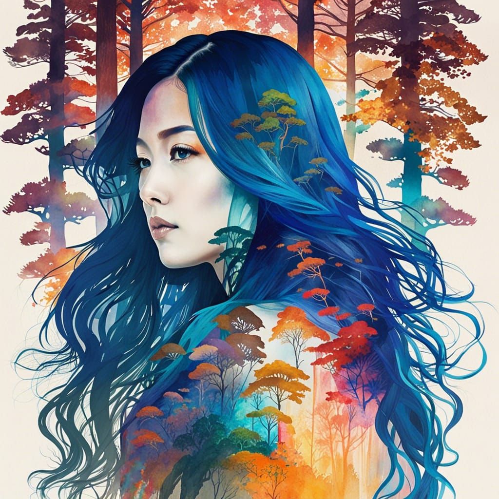 Colorful Silhouette of Korean Girl in Double Exposure Art
