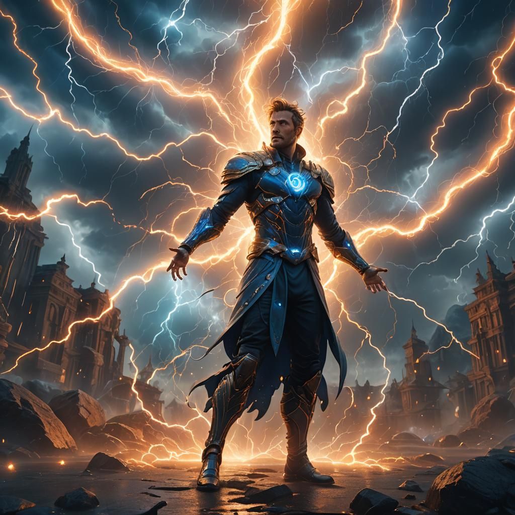 Serene Figure Amidst Lightning: Fantasy Concept Art
