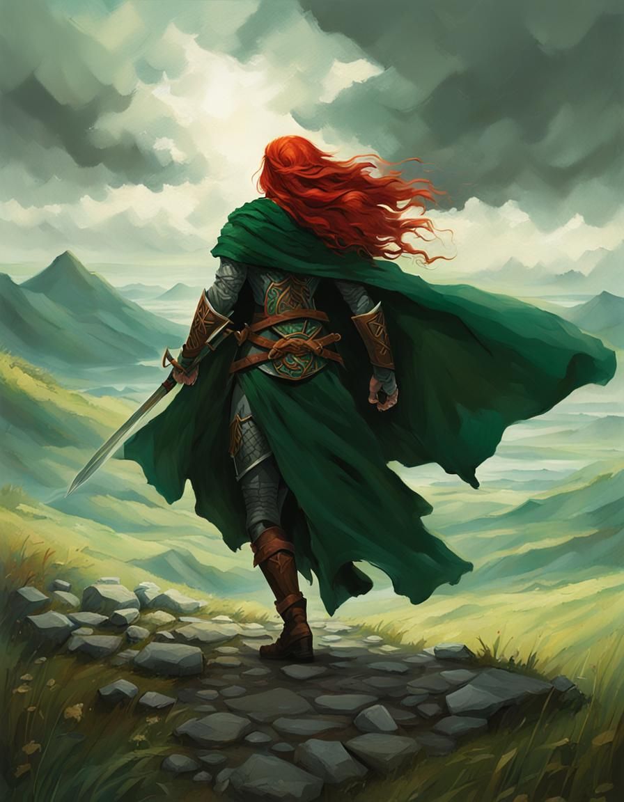 Celtic Warrior Woman with Swords and Emerald Cloak