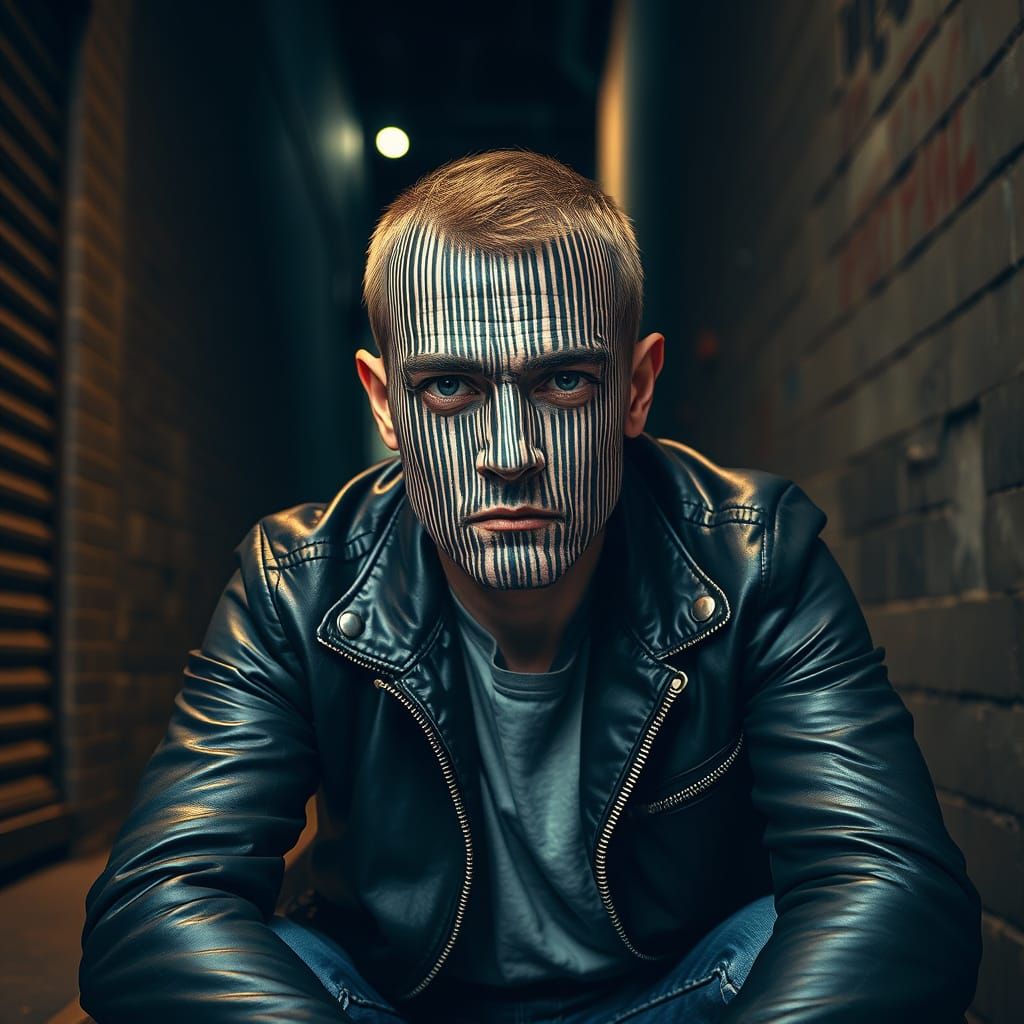 Gritty Urban Portrait with Photorealistic UPC Code Tattoo