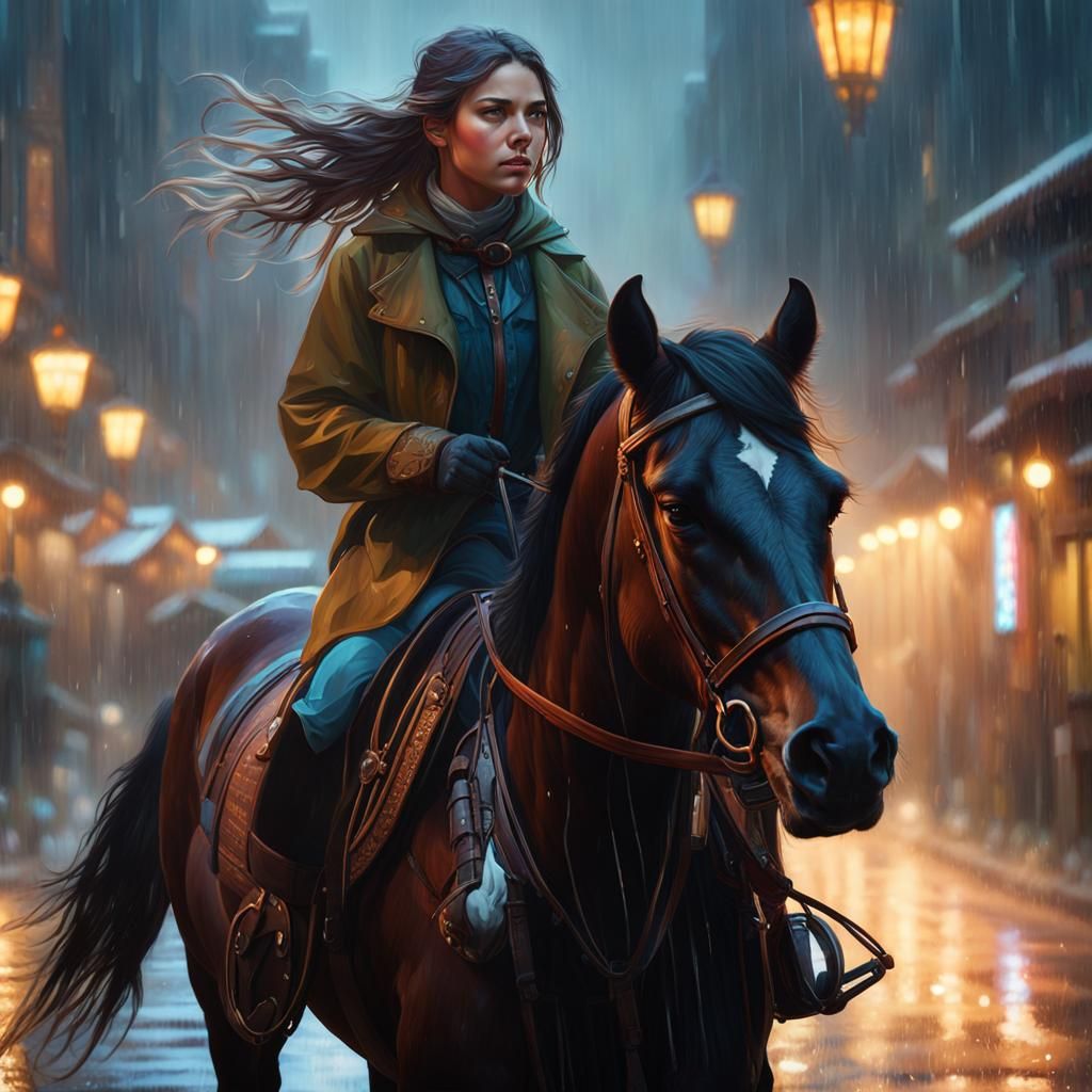 Girl Riding Horse in Rain, Detailed Portrait