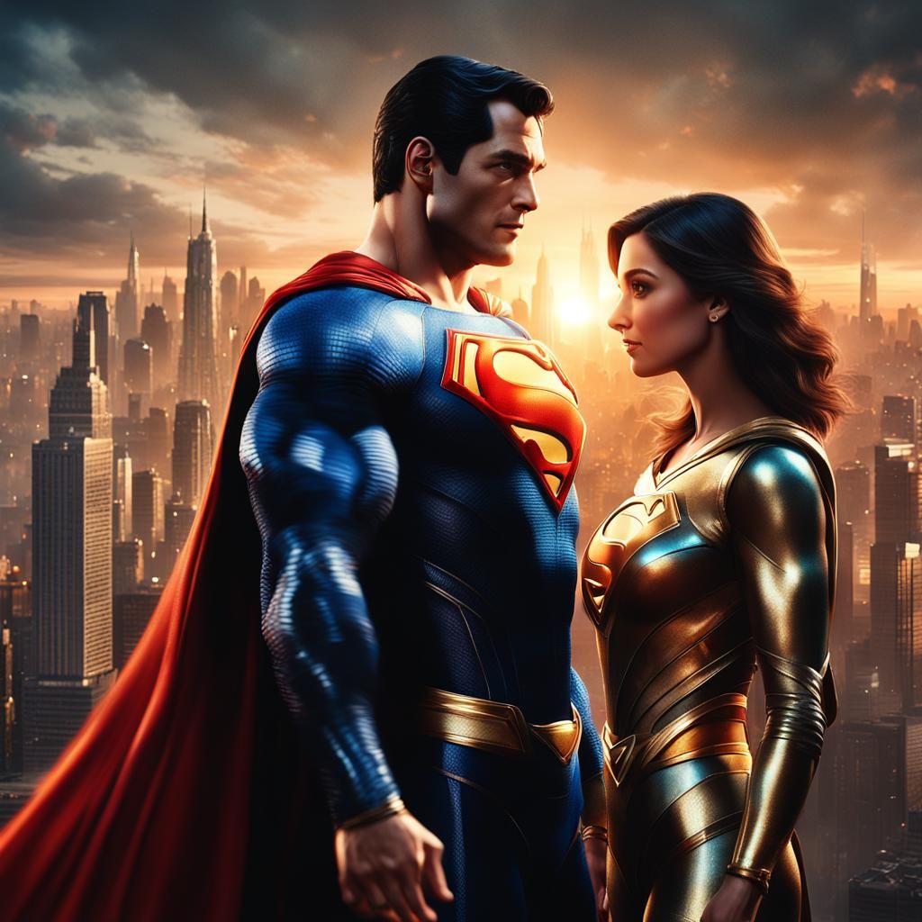 Woman and Superman Shake Hands in Cityscape