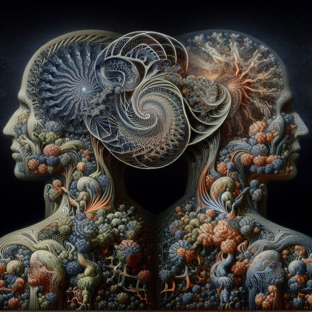Intertwined Figures Form Surreal Mindscape Revealing Fantasy...