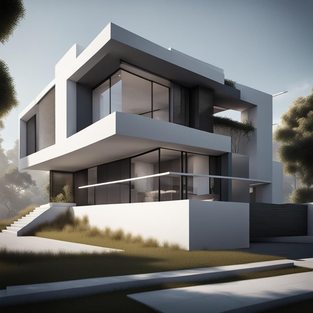 casa de una planta blanca de arquitectura con garaje