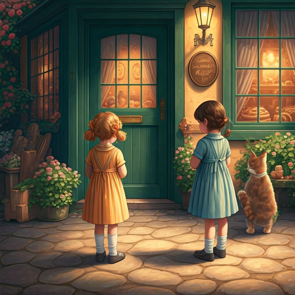 Children Play With Cat Outside Whimsical Bakery