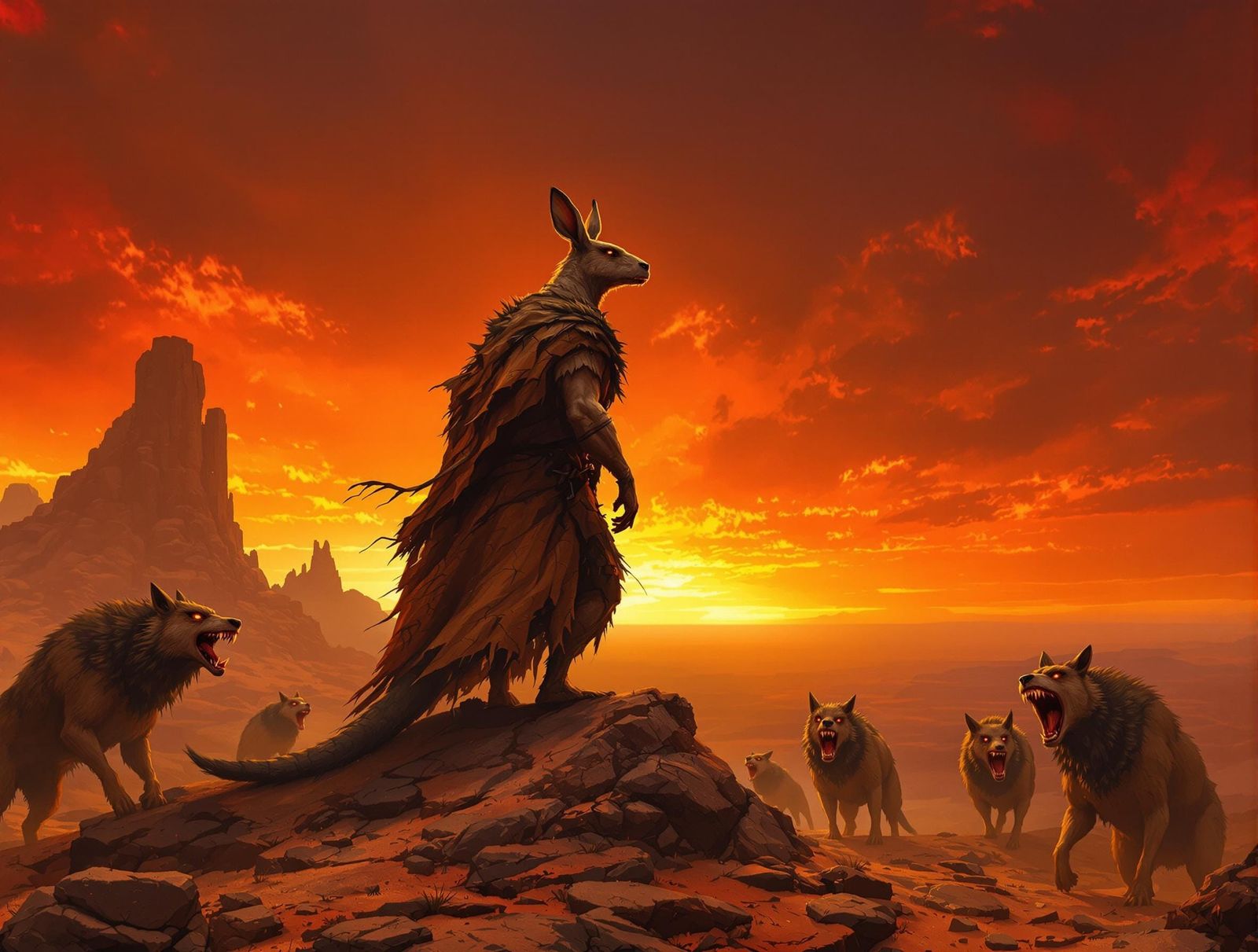 Majestic King Kangaroo Summons Canines in Desolate Landscape