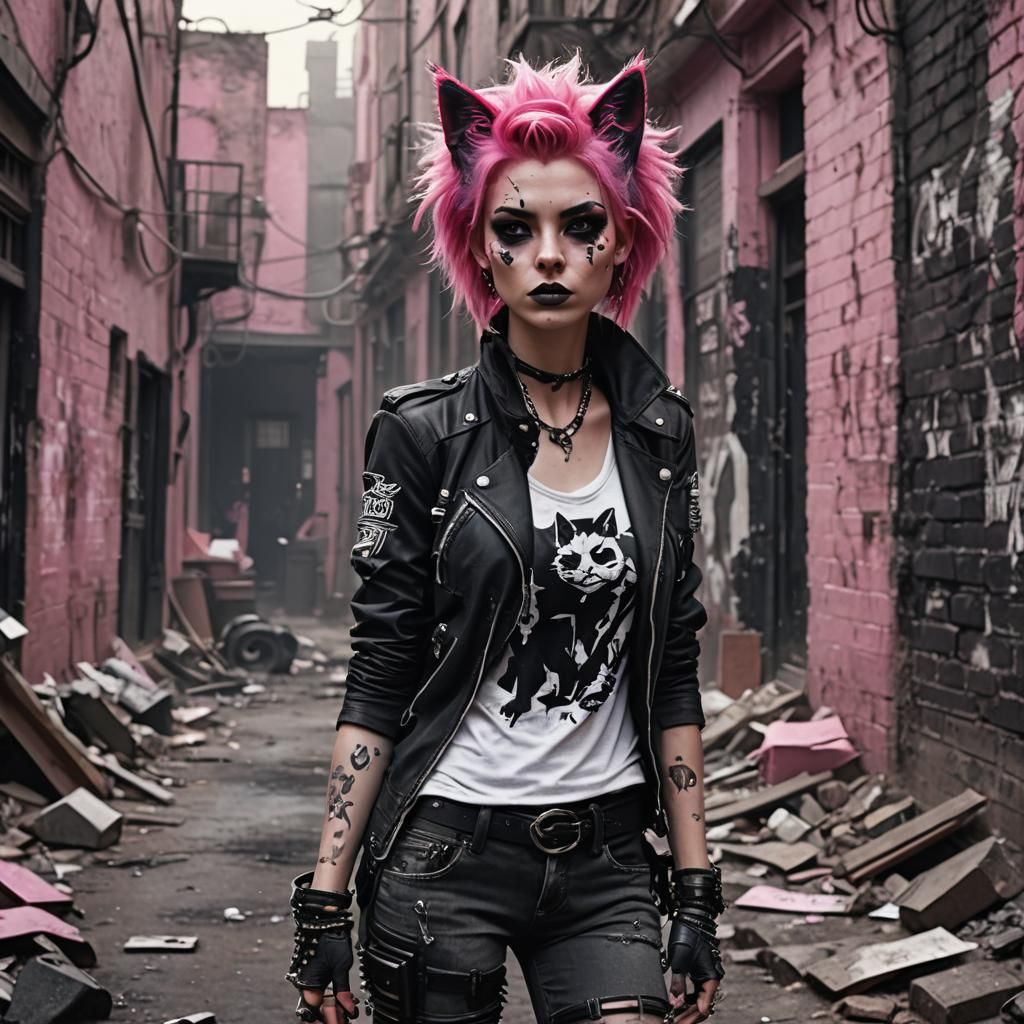Punk Anthro Cat with Pink Hair in Alleyway