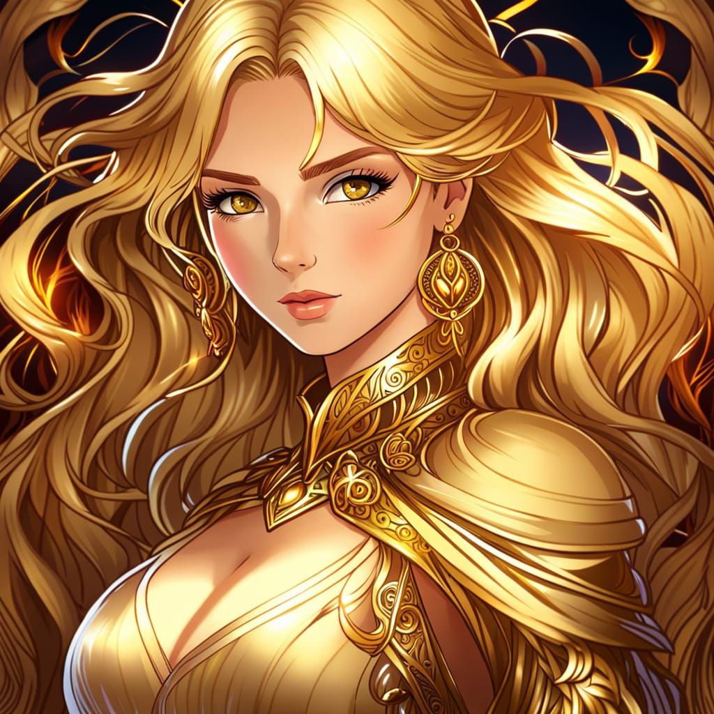 Blonde Woman with Golden Eyes in Anime Style
