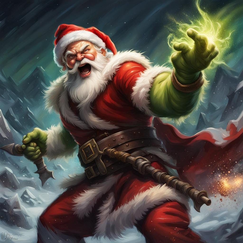 Santa Claus Barbarian vs The Grinch, Hyperrealistic Splash A...