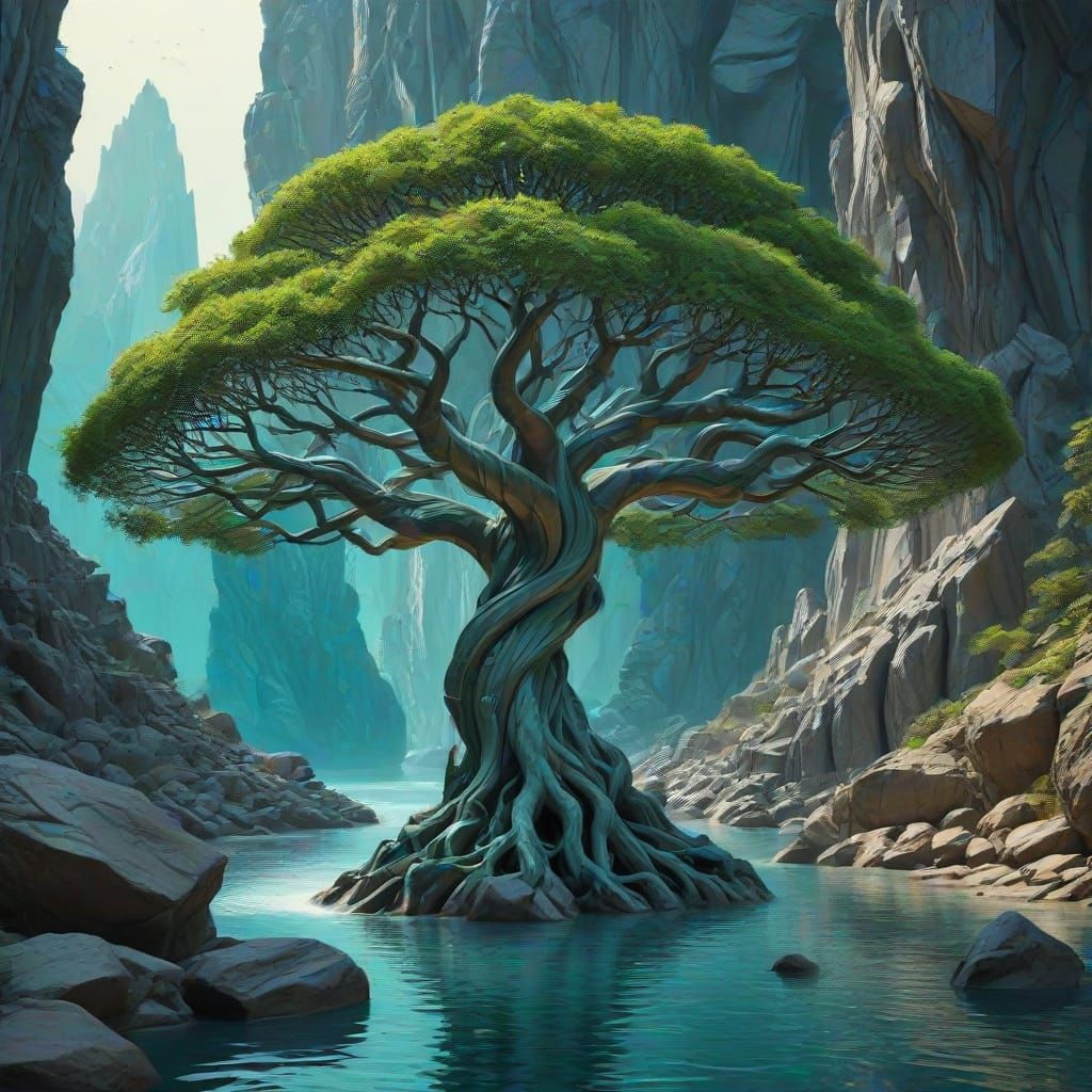 Ethereal Tree of Life in Vibrant Cyan and Green Hues