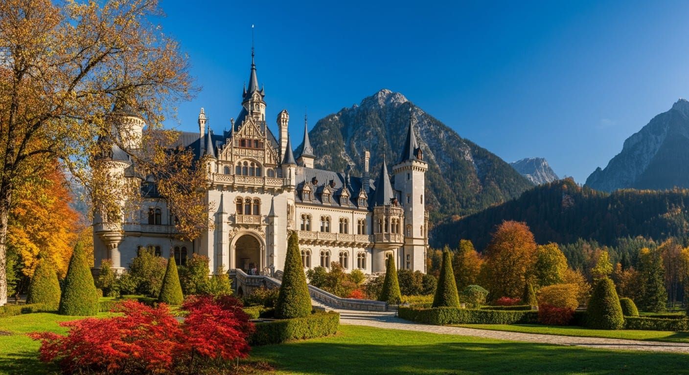 Majestic Castle in Autumn Landscape with Vibrant Foliage
