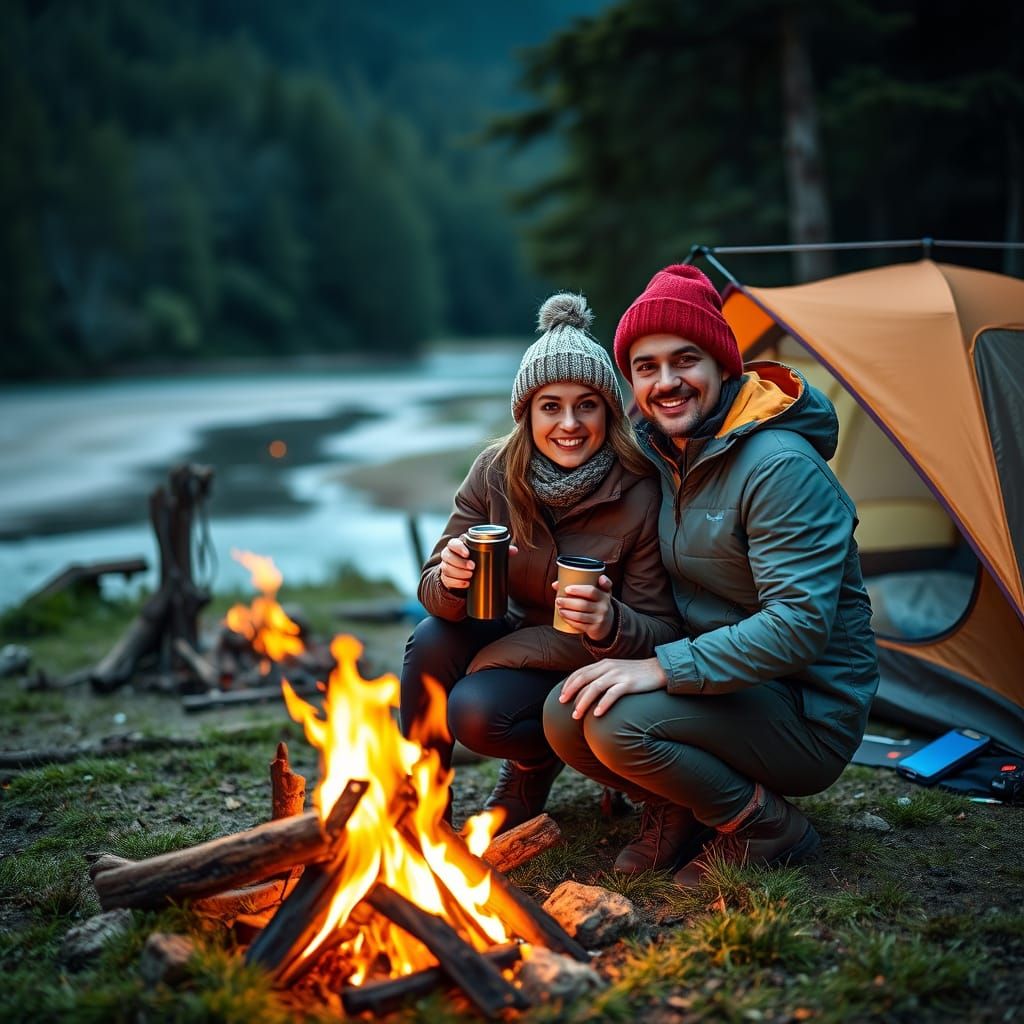 Couple Enjoying Tea by Campfire in Forest