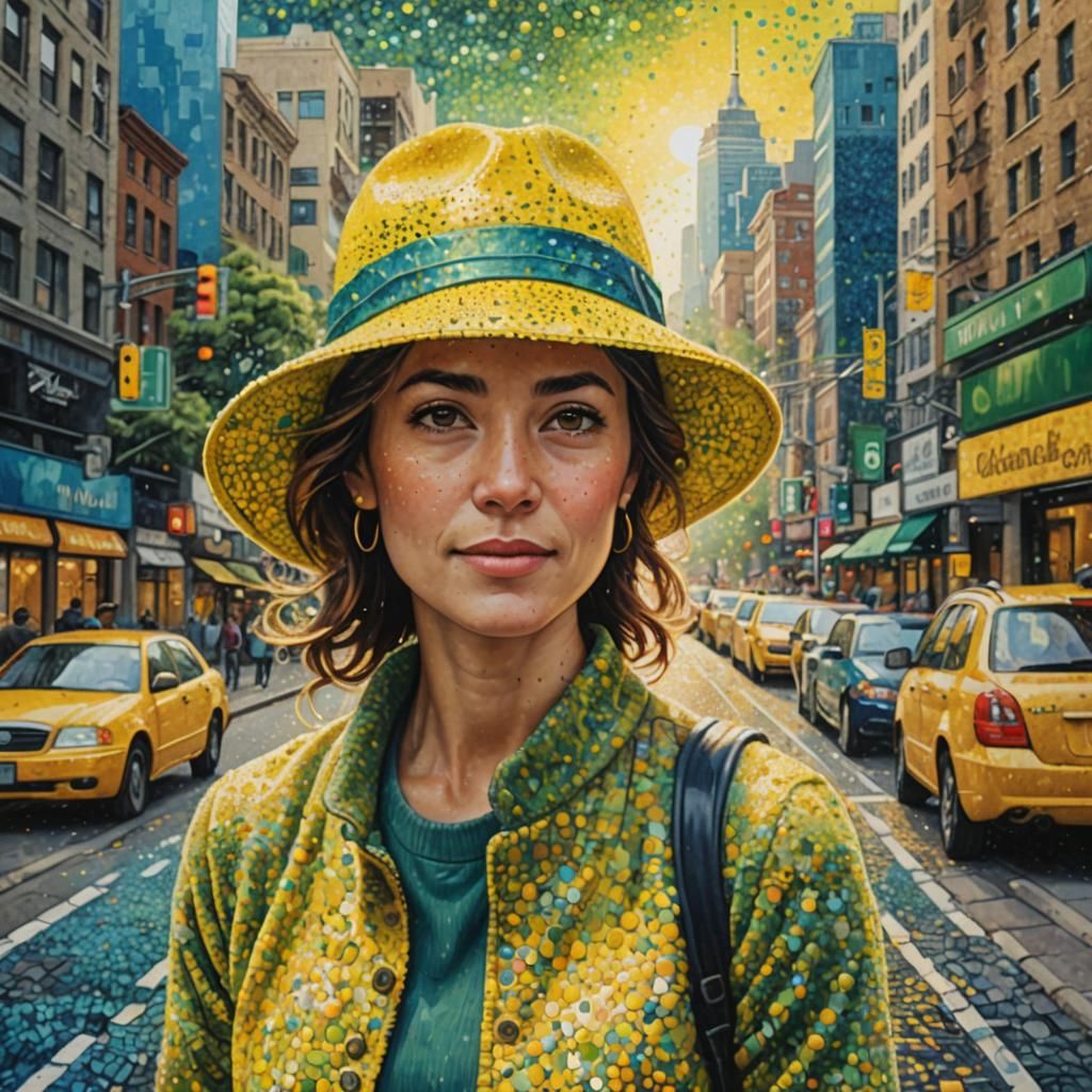 Pointillist Woman in Yellow Hat Cityscape