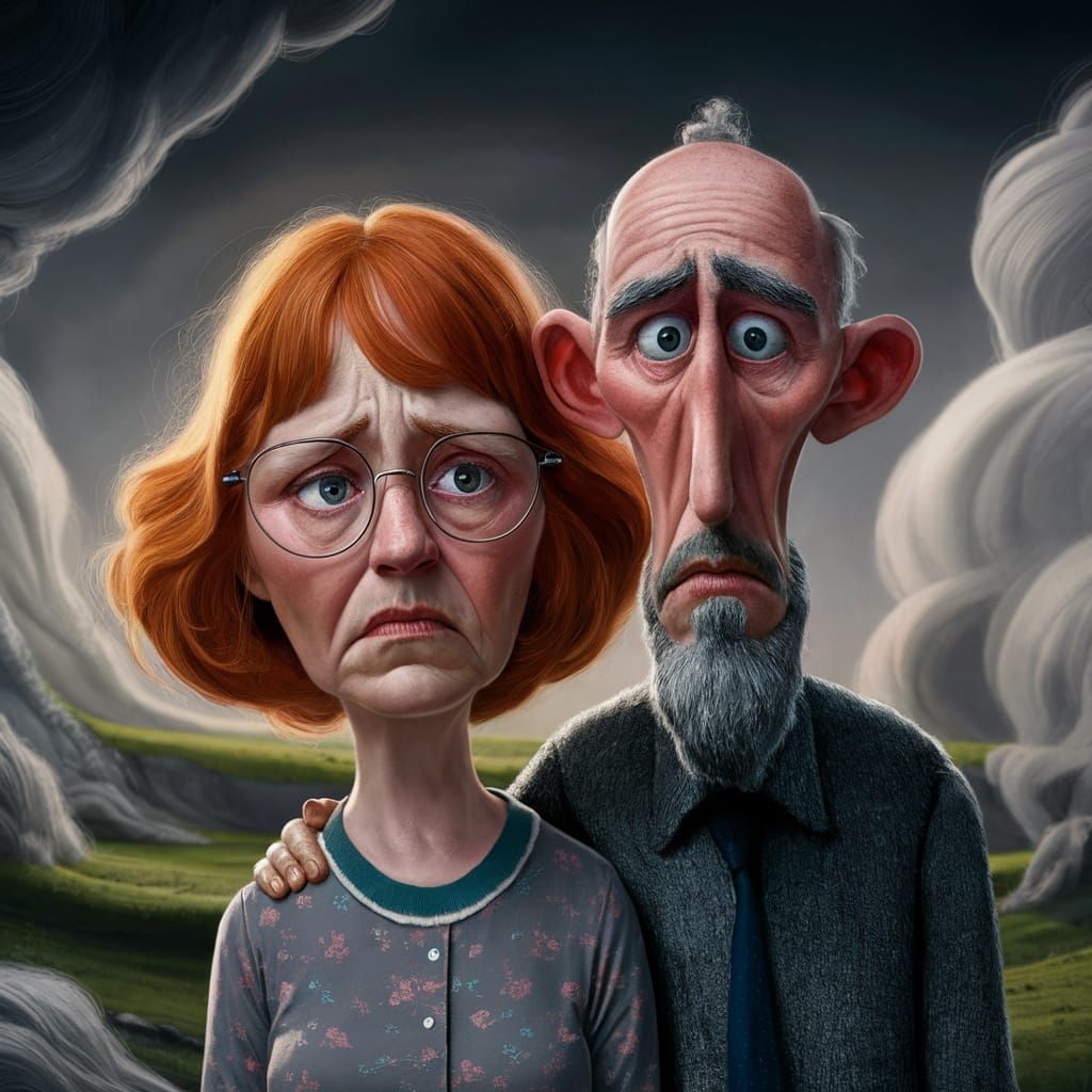 Whimsical Portrait of a Somber Couple in a Dreamlike Landsca...