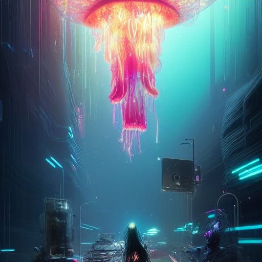 Luminescent Cosmic Jellyfish Predator in Psychedelic Art Sty...