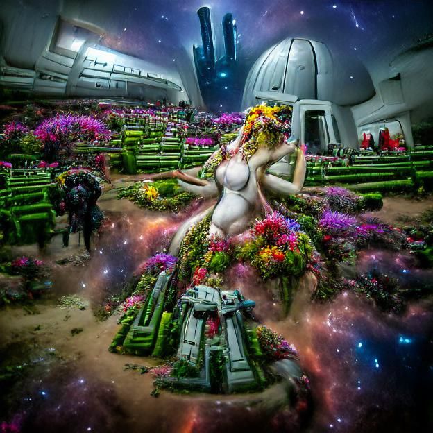 Goddess in Cosmic Garden with Futuristic Temple
