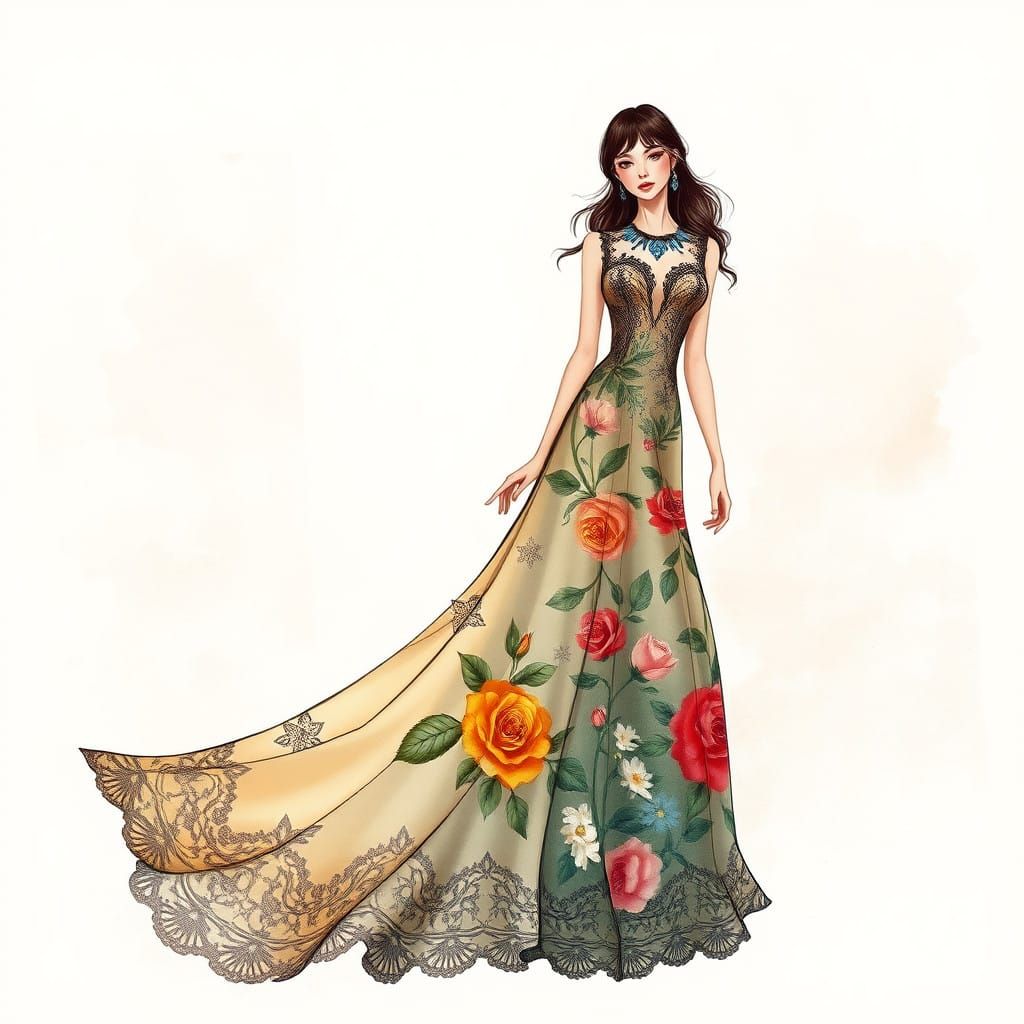 Eclectic Bohemian Woman in Whimsical Gown with Floral Patter...