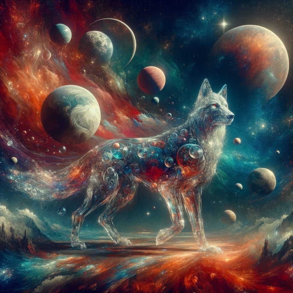 Majestic Glass Wolf Dominates Vibrant Red Cosmos