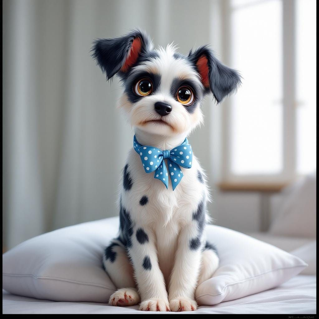 Whimsical Dog with Blue Bow in Anime Style