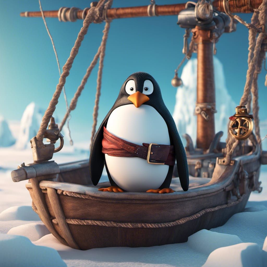 Penguin Pirate on Ship in Icy Arctic Ocean