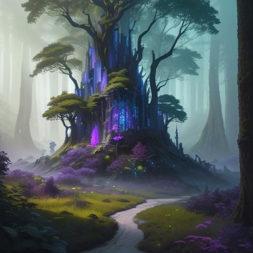 Glowing Gemstone in Lush Fantasy Forest