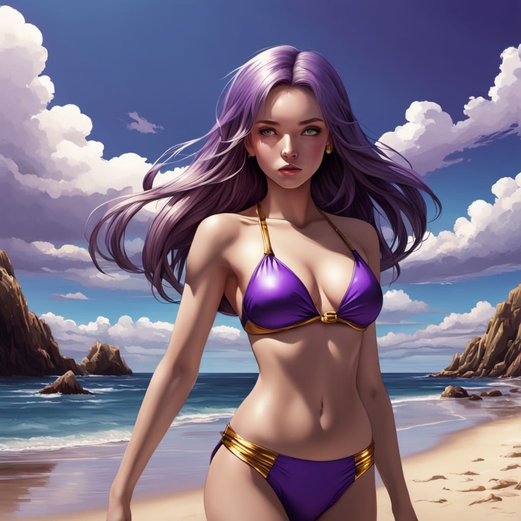 Young Woman in Dynamic Comic Book Style Beach Bikini