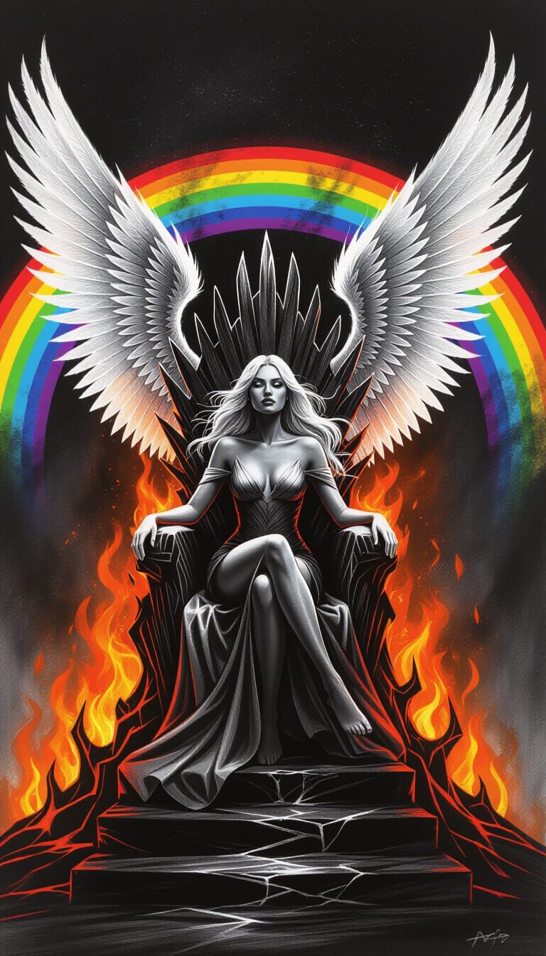 Ethereal Figure on Fiery Throne Charcoal Drawing