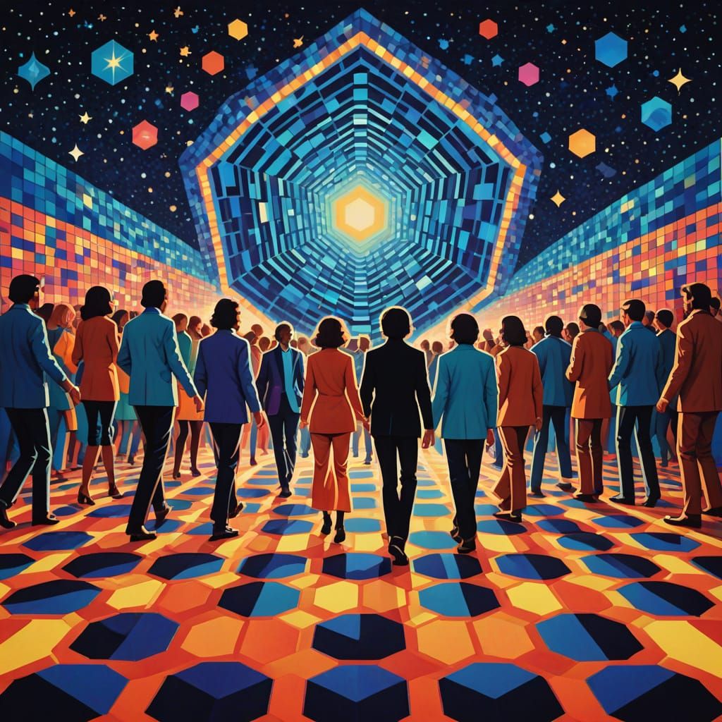 A stylized 70s disco floor with a glowing, hexagonal pattern...