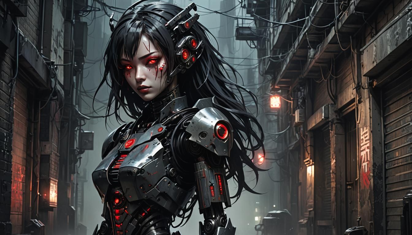 Cyber Gothic Robot Girl in Dimly Lit Alley