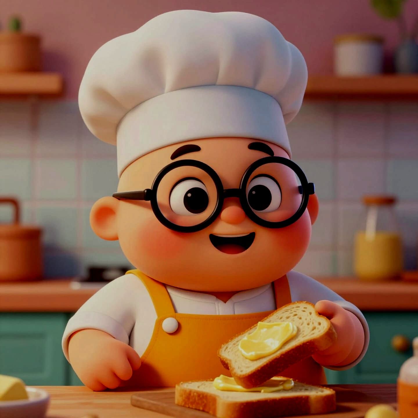 Cute Chubby Chef Character Spreading Butter