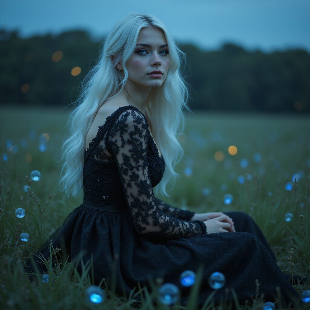 Enigmatic Fae Woman in Moonlit Meadow
