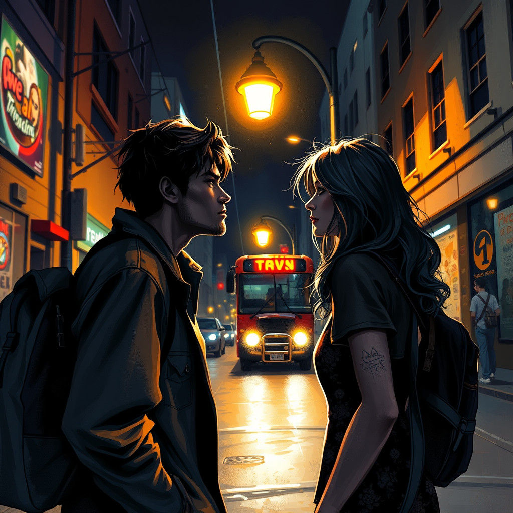 Lovers Under Streetlight: Hyperrealistic Splash Art