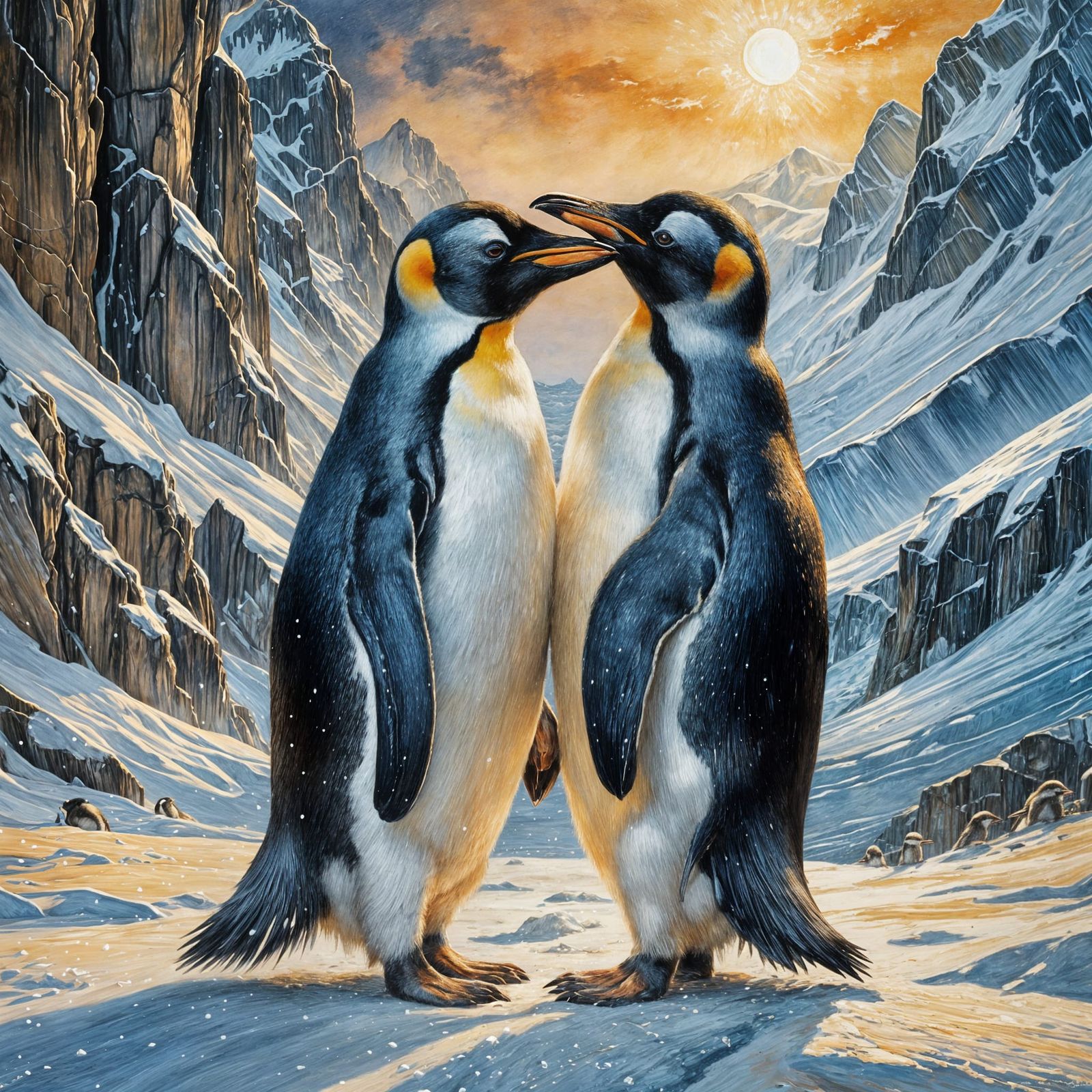 Kissing Penguins in Oil Painting Style