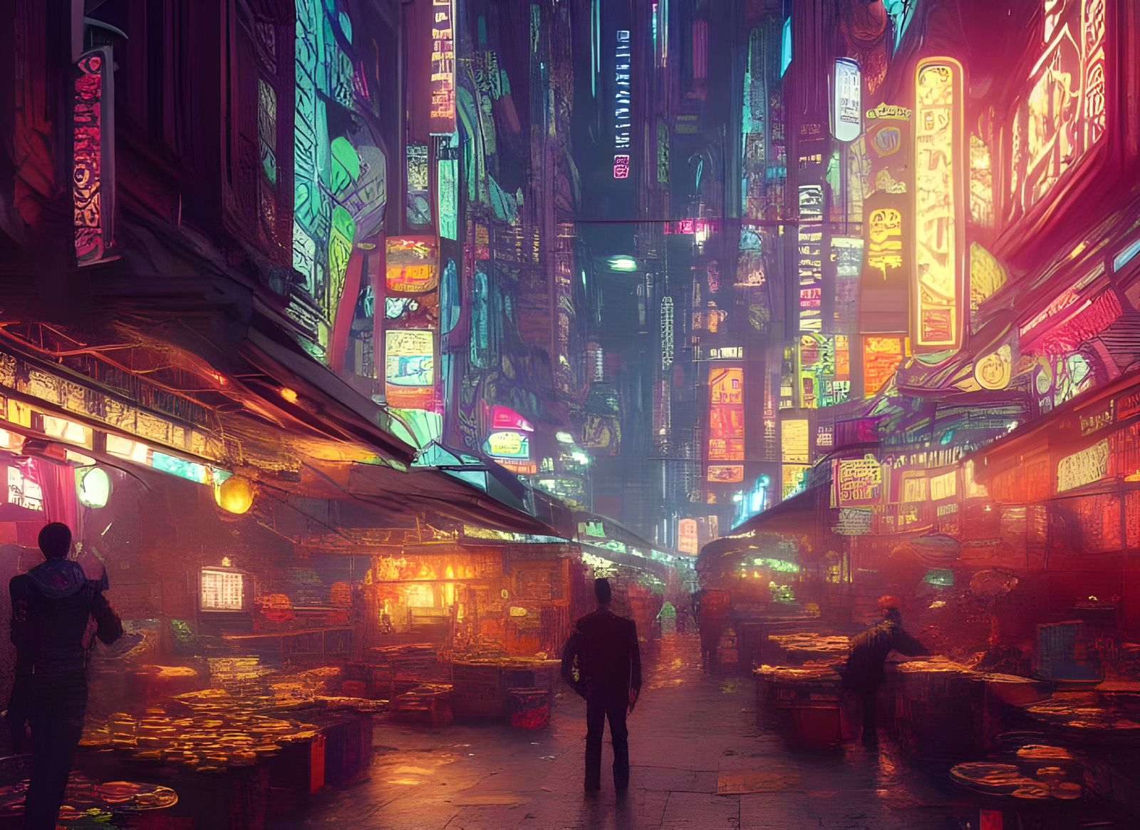 Cyberpunk Food Stall in Neon Cityscape