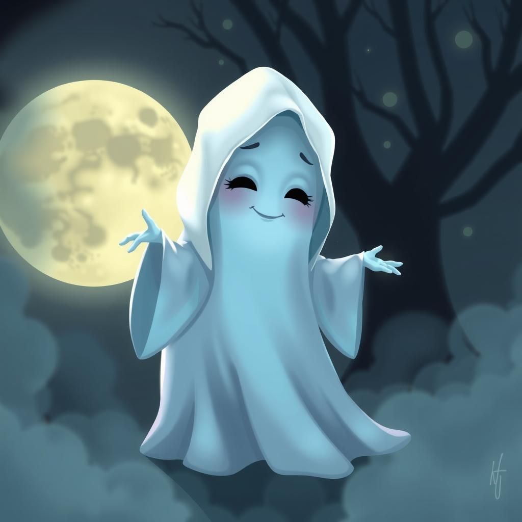 Whimsical Ghost in Eerie Moonlight, Cartoon Style