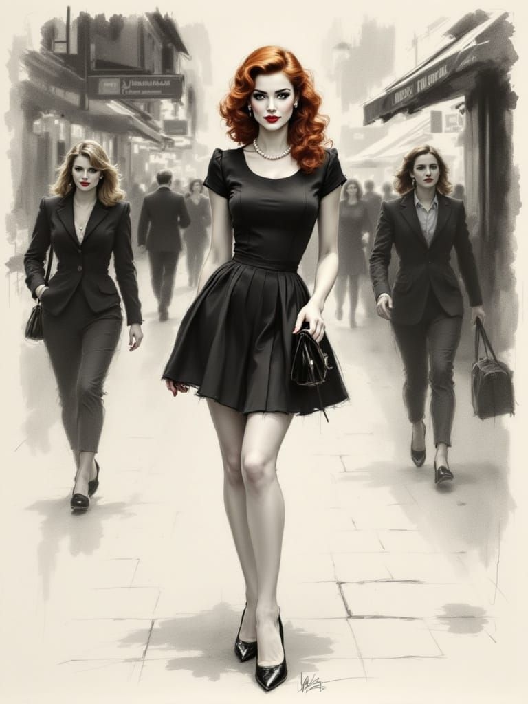 1950s Italian Pin Up Woman in Charcoal Sketch Style