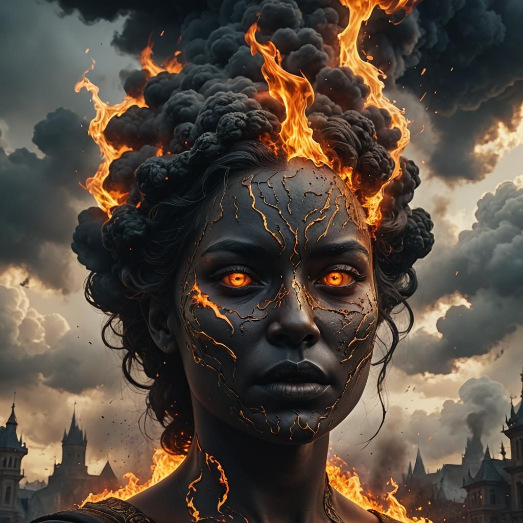 Fiery Woman's Head in a Dark Cloud, Detailed Matte Painting