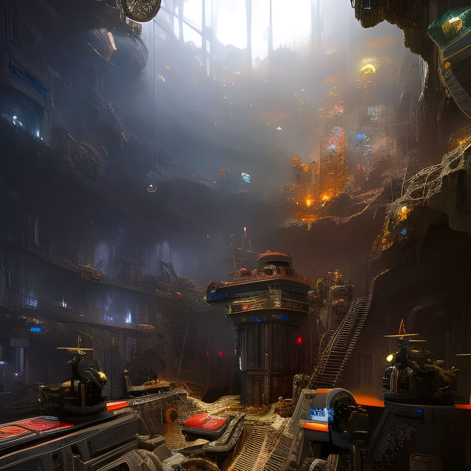 Majestic Steampunk Pilot in Cluttered Underground Cockpit