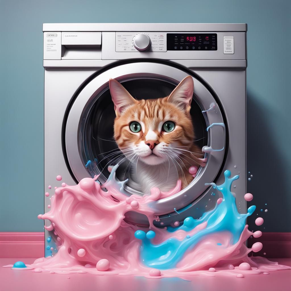 Hyperrealistic Dishwasher Overflowing with Cat Bubble Gum