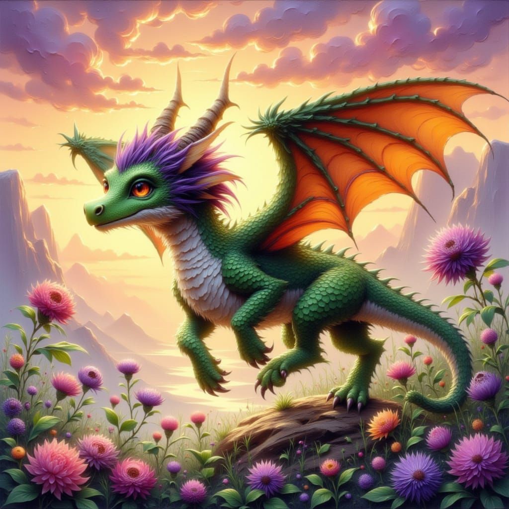 Fluffy Dragon Soars Through Sunset Sky